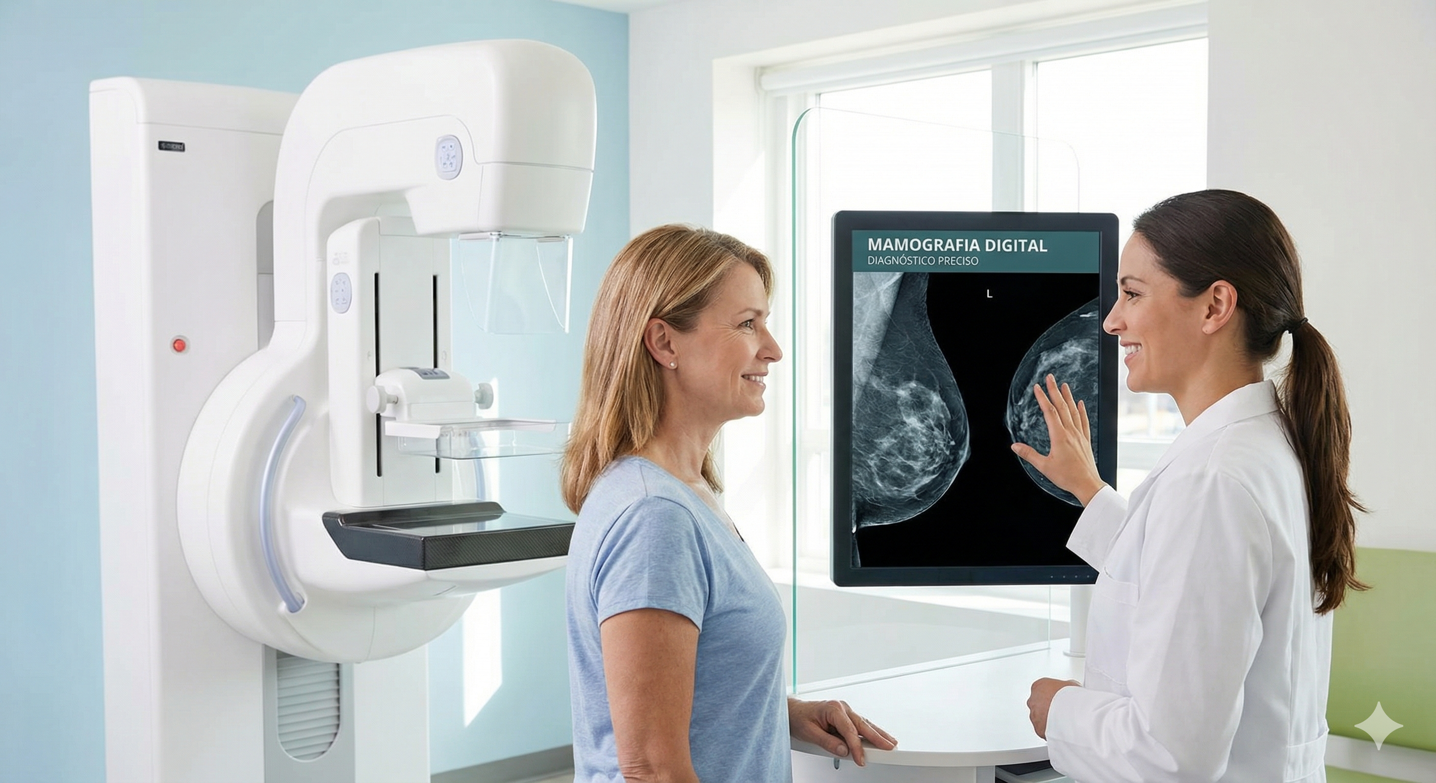 Paciente em consulta de mamografia digital com profissional de saúde